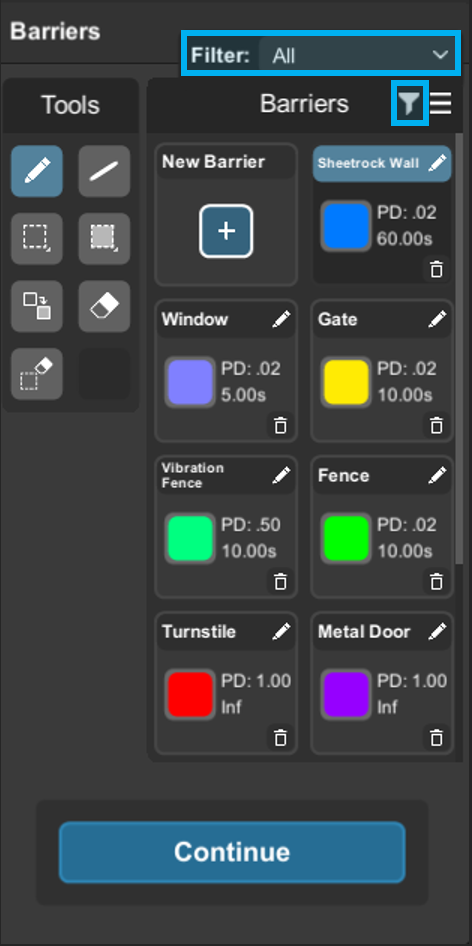 Barriers panel with category filter and New Barrier button at top