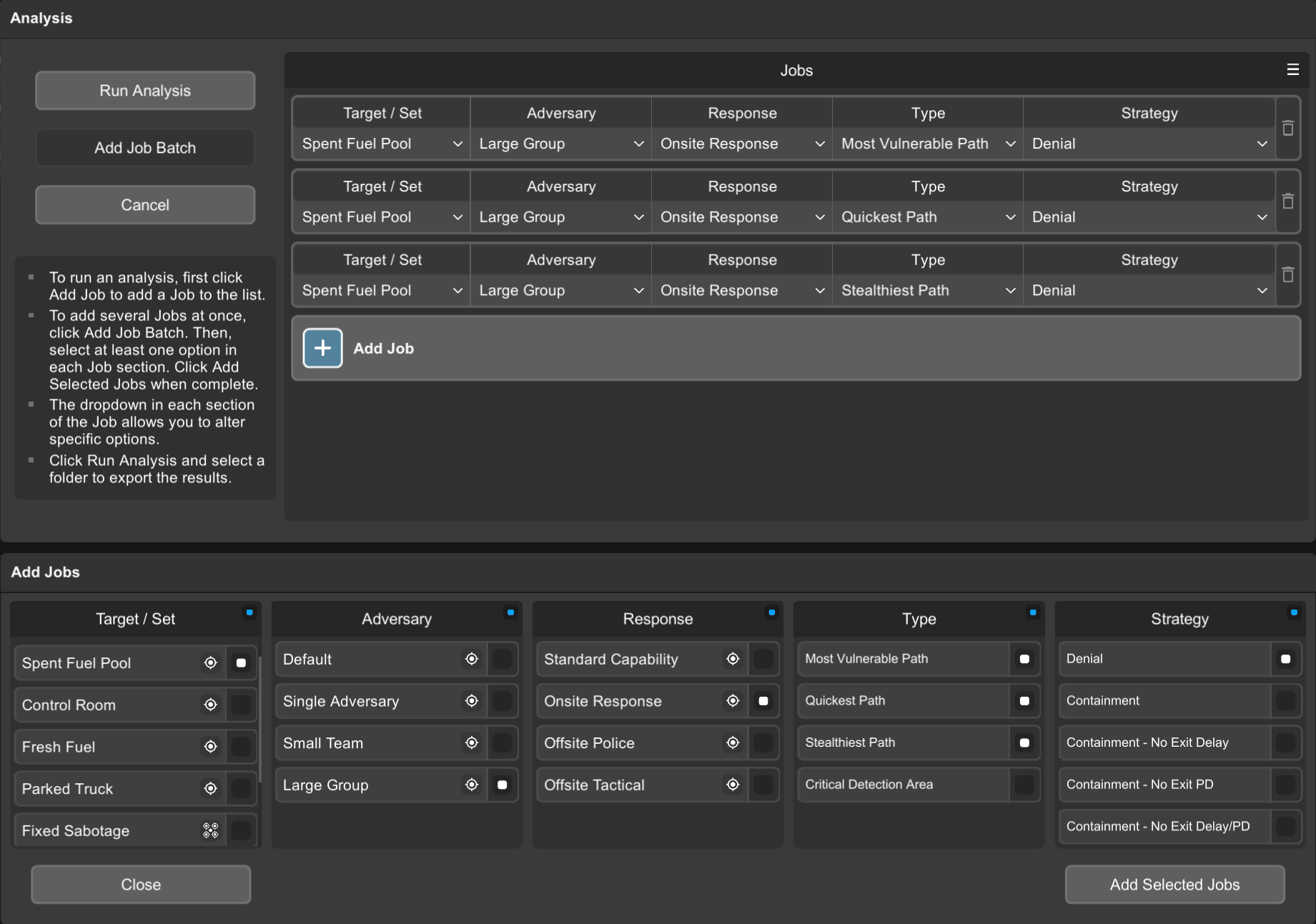 Bulk Jobs mode with Analysis panel and Add Jobs parameter selector