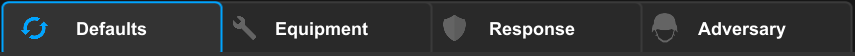 Capability mode tabs with icons for Defaults, Equipment, Response, Adversary