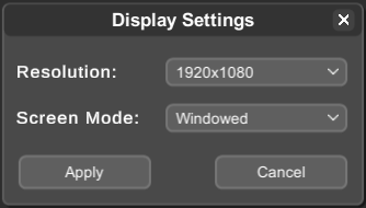 Display Settings dialog with resolution and screen mode controls