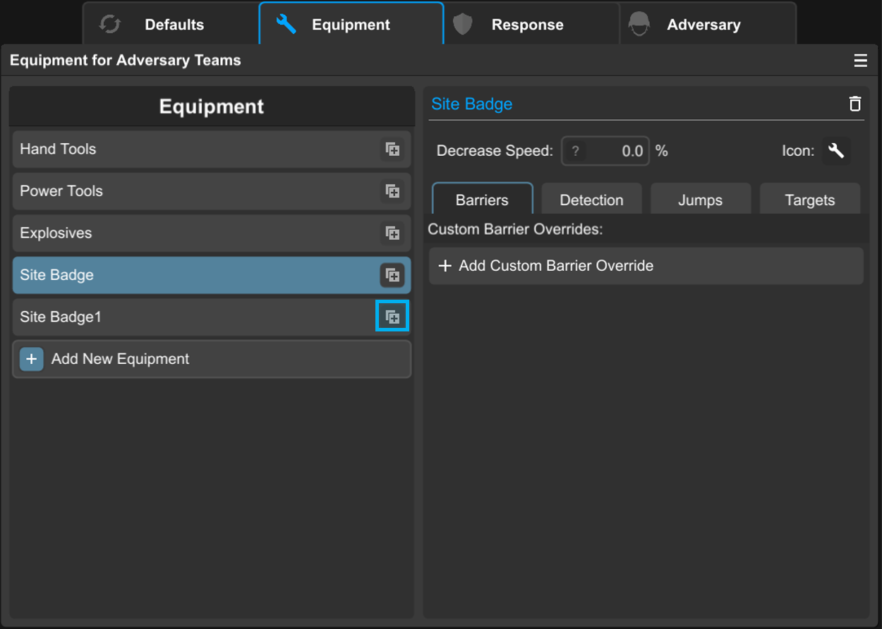 Equipment panel showing duplicated Site Badge entry
