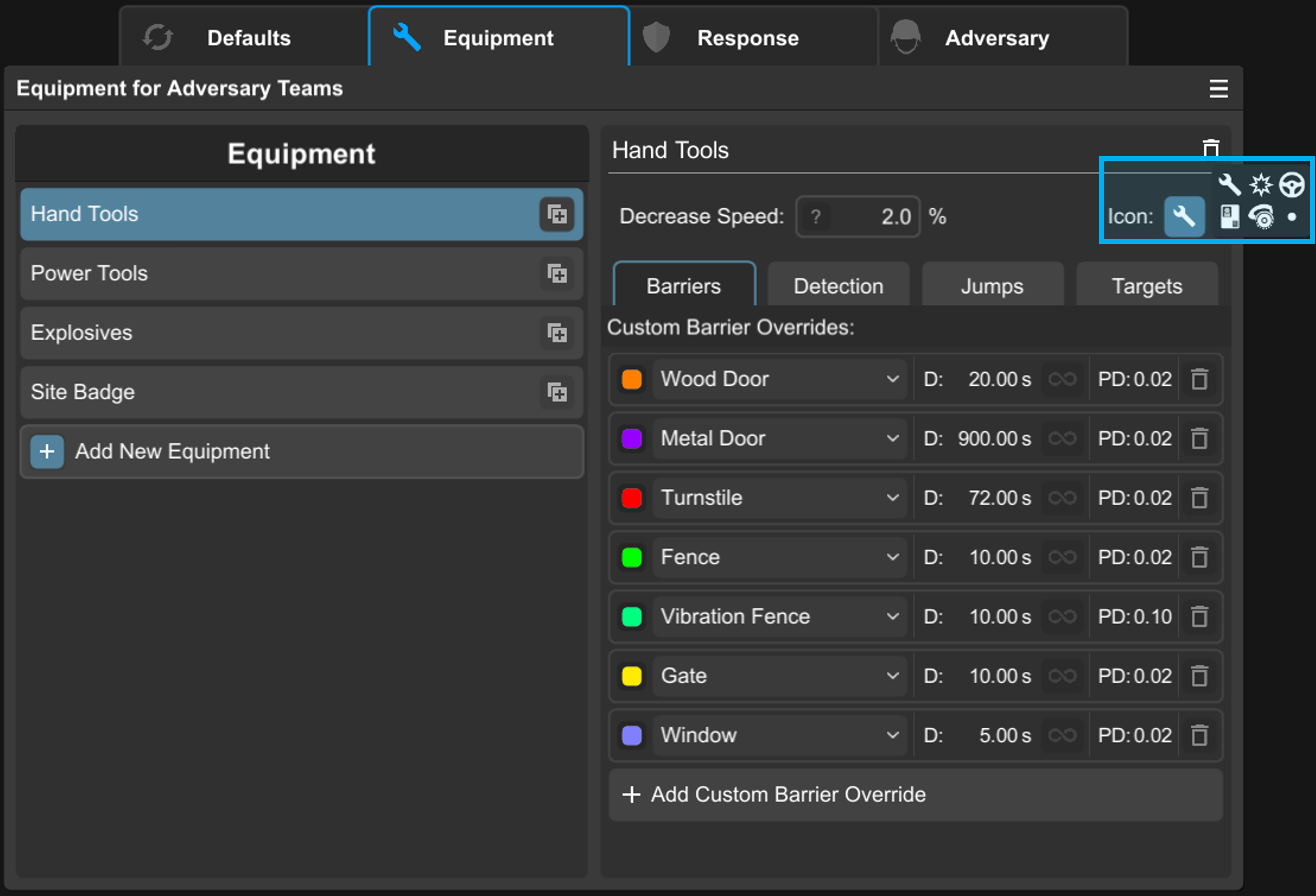 Equipment panel showing icons for different equipment types