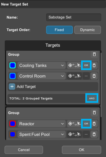 New Target Set dialog showing grouped targets with AND/OR logic