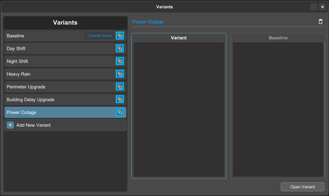 Variants window showing duplication buttons next to each variant