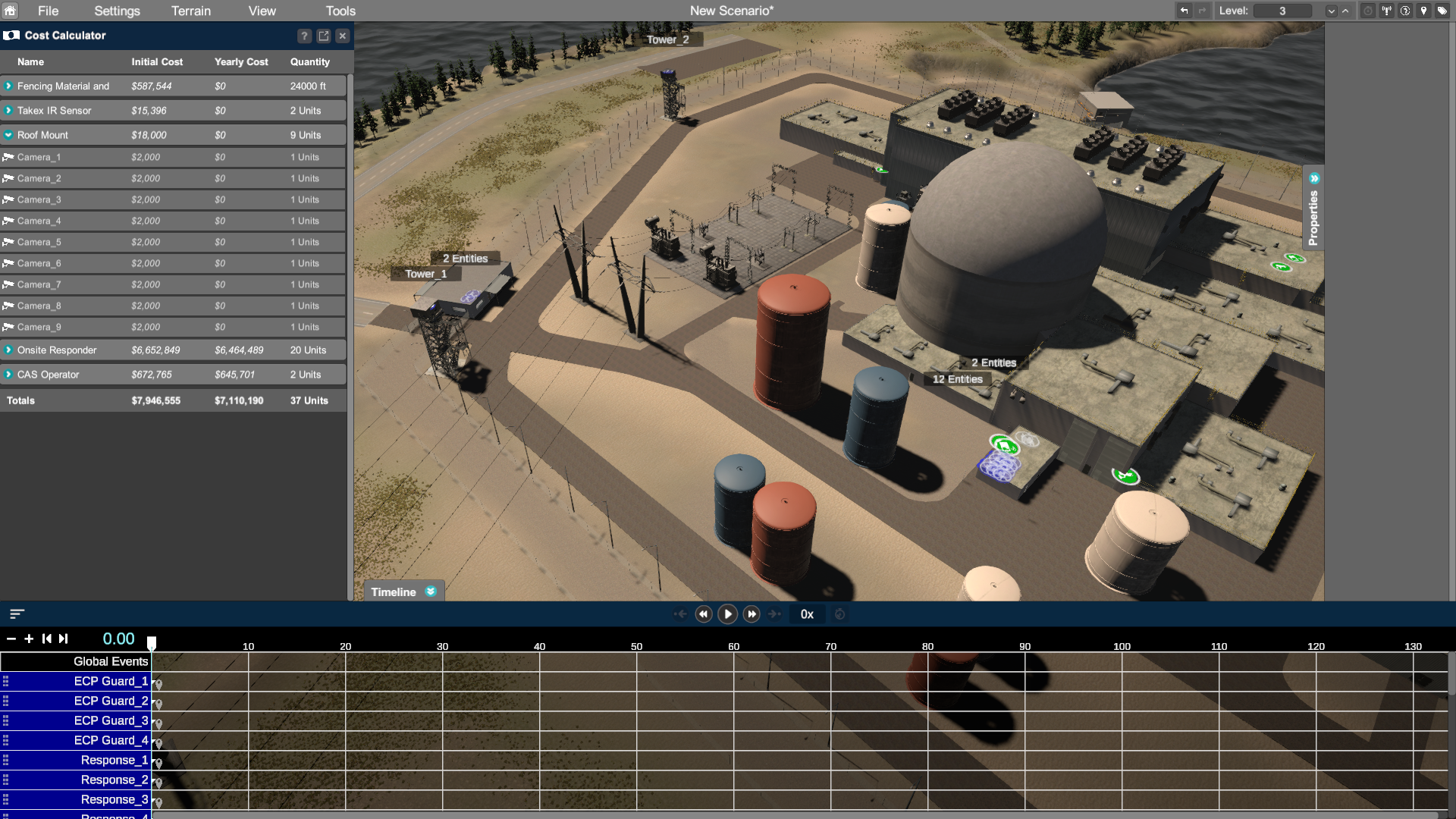 Cost Calculator panel showing cost breakdown by Props and Entities